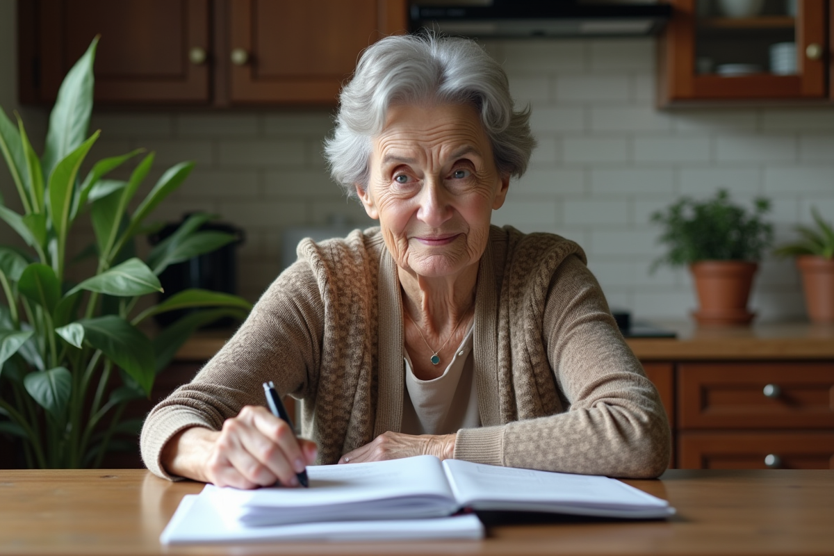 Femme âgée réfléchissant avec documents dans la cuisine