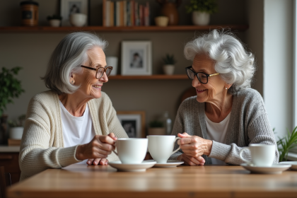 Femme âgée lisant avec sa fille dans la cuisine chaleureuse