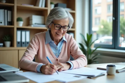 Femme âgée remplissant des papiers avec son permis de conduire