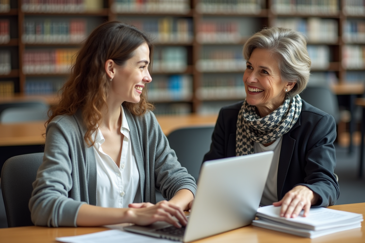 Jeune femme souriante avec une conseillère dans une bibliothèque