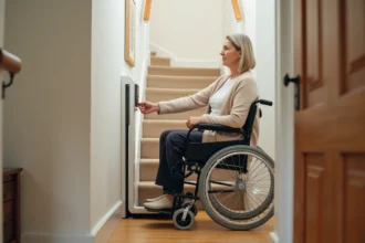 Femme en fauteuil roulant inspectant un élévateur PMR installé le long d'un escalier intérieur dans une maison individuelle