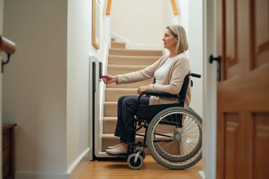 Femme en fauteuil roulant inspectant un élévateur PMR installé le long d'un escalier intérieur dans une maison individuelle