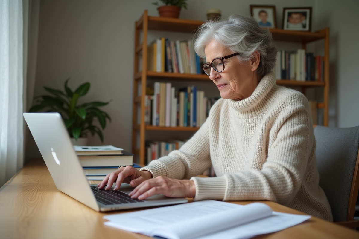 Femme française vérifiant sa déclaration fiscale sur ordinateur