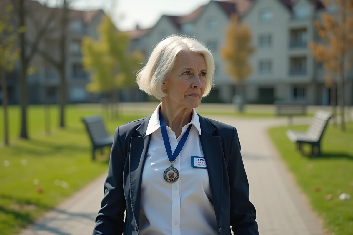 Femme gendarmerie retraitée marche dans un parc calme