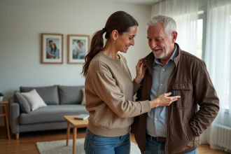 Femme posant un GPS dans la poche d'un homme âgé dans un salon lumineux