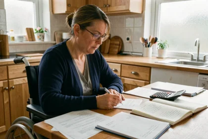 Femme en fauteuil roulant calculant son budget mensuel avec des documents AAH étalés sur une table de cuisine