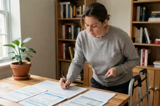 Femme en situation de handicap consultant des documents administratifs relatifs à l'AAH et à la prime d'activité à son bureau à domicile