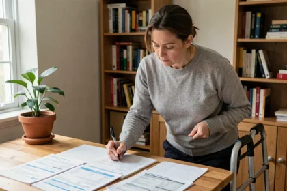 Femme en situation de handicap consultant des documents administratifs relatifs à l'AAH et à la prime d'activité à son bureau à domicile