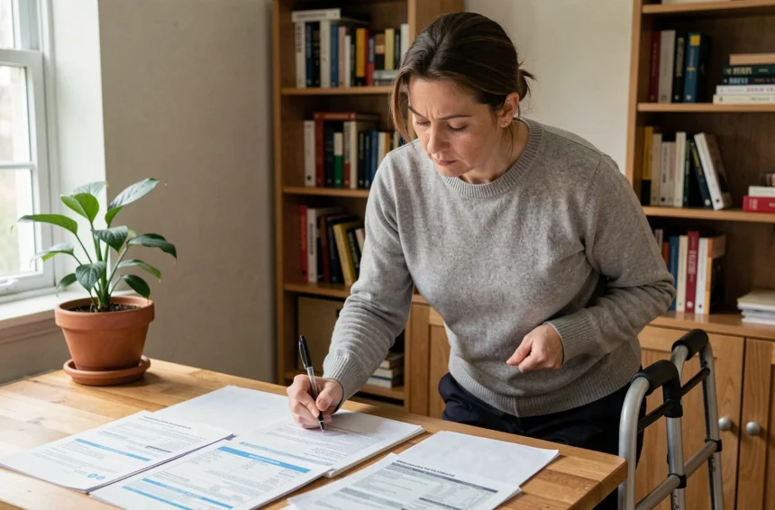 Femme en situation de handicap consultant des documents administratifs relatifs à l'AAH et à la prime d'activité à son bureau à domicile