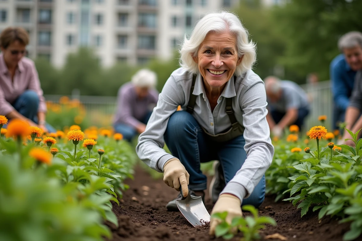 Seniore plantant des fleurs dans un jardin communautaire