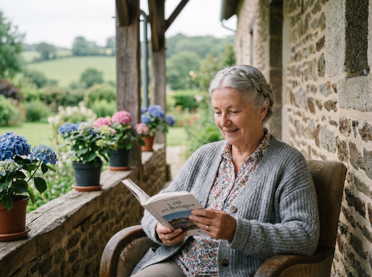 Femme âgée lisant dans un jardin breton paisible