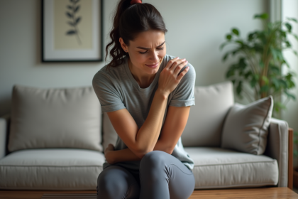 Femme assise se massant l'épaule dans un salon calme