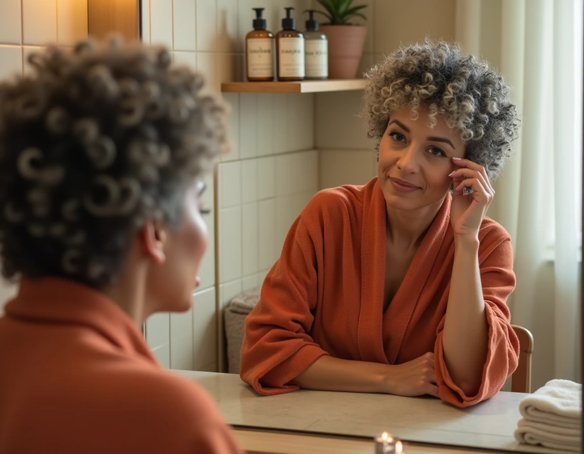Femme mature aux cheveux bouclés courts poivre et sel appliquant une crème coiffante devant son miroir, soin des boucles à domicile