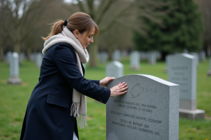 Femme posant une plaque funéraire sur une tombe dans un cimetière