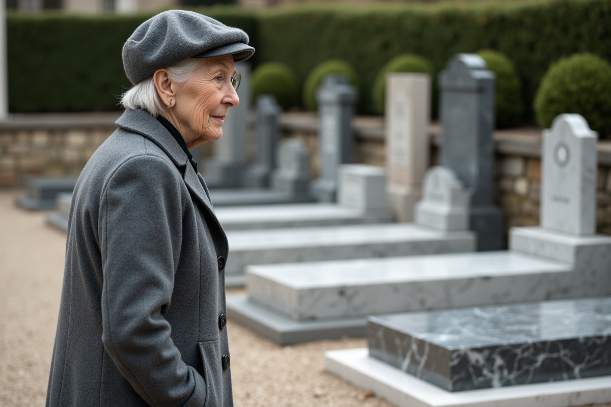 Femme âgée examinant des pierres tombales dans un showroom en plein air