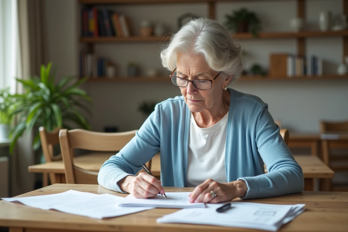 Femme de 60 ans organise ses documents de retraite à la maison