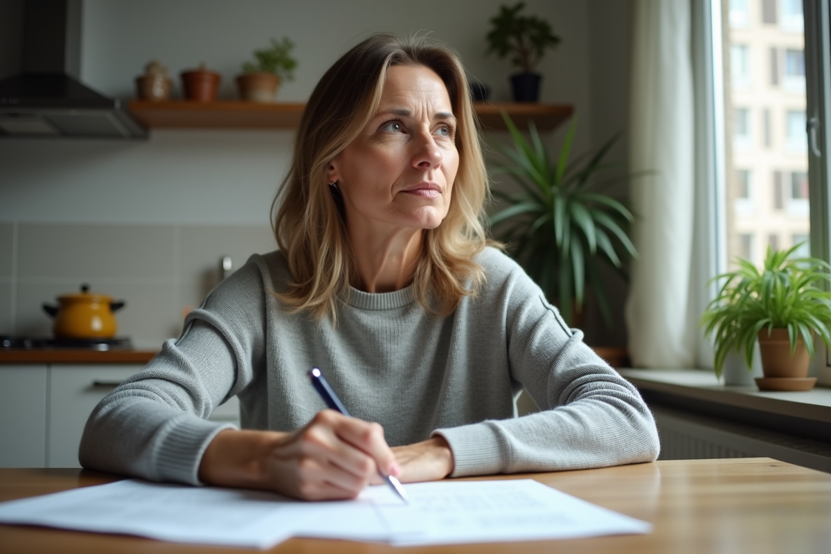 Femme d'âge moyen remplissant des papiers à la maison