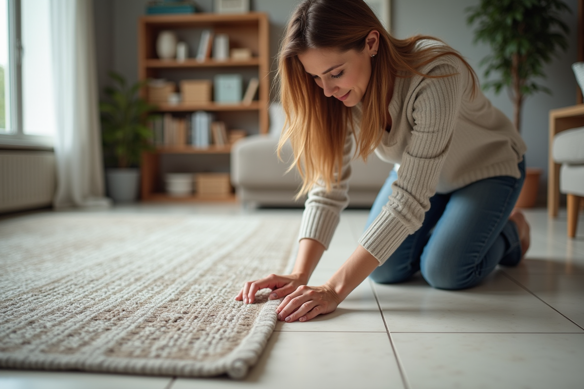 Femme posant un tapis en laine dans un salon lumineux