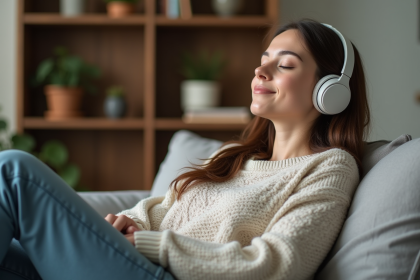 Jeune femme détendue avec écouteurs dans un salon cosy