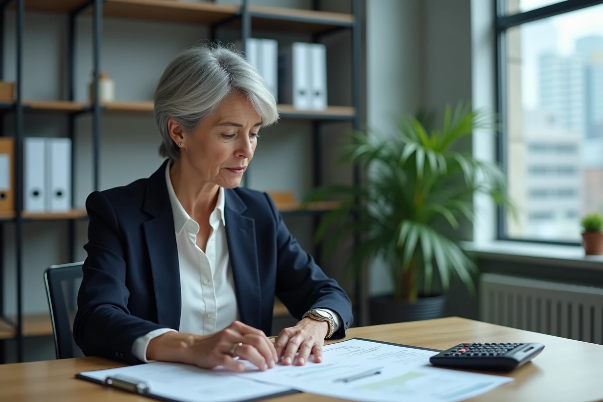 Femme d'environ 60 ans examine des papiers de pension