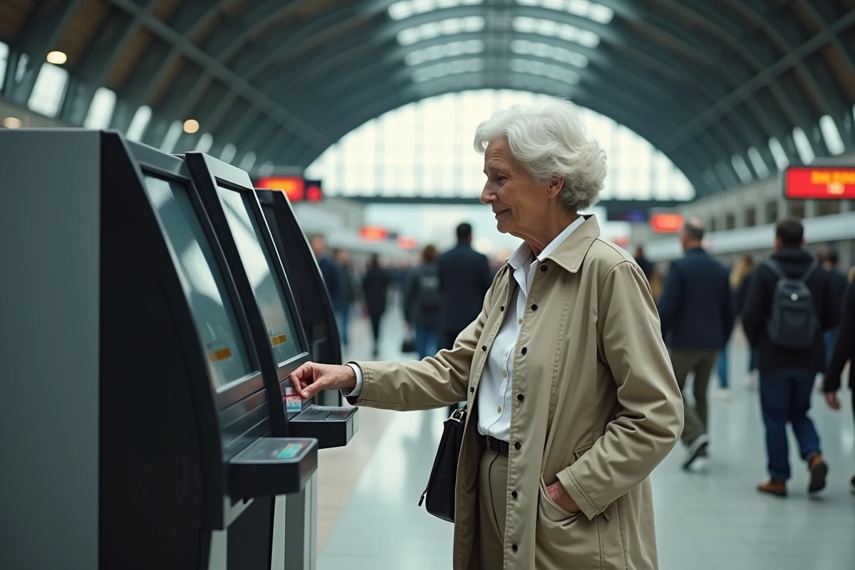 Femme retraitée utilisant une borne de billetterie SNCF en gare avec sa carte pass carmillon