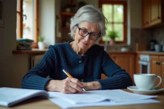 Femme retraitée consultant ses documents de retraite complémentaire Agirc-Arrco à la table de cuisine
