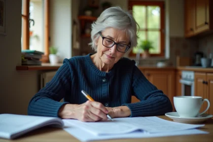 Femme retraitée consultant ses documents de retraite complémentaire Agirc-Arrco à la table de cuisine