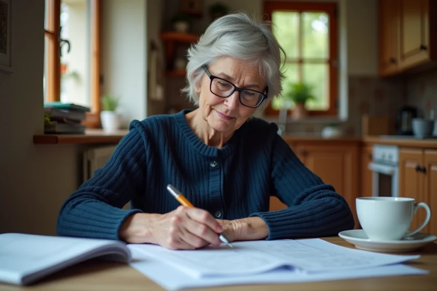Femme retraitée consultant ses documents de retraite complémentaire Agirc-Arrco à la table de cuisine