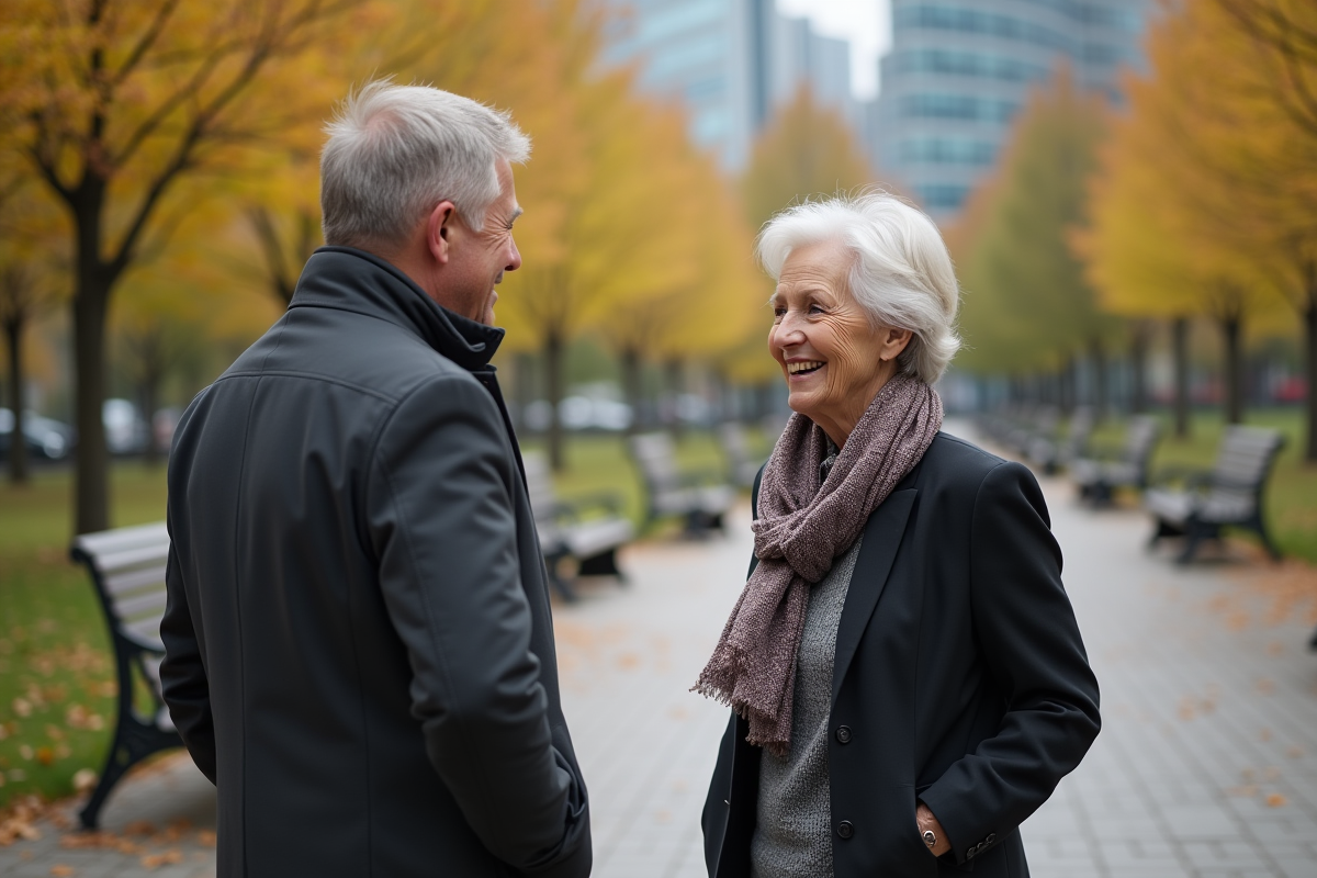 Femme retraitée discutant dans un parc urbain avec une collègue