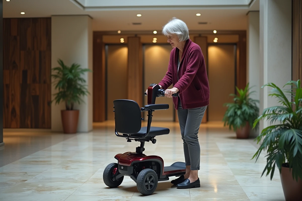 Femme senior ajustant scooter électrique en intérieur