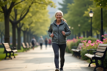 Femme senior active marchant dans un parc urbain ensoleille