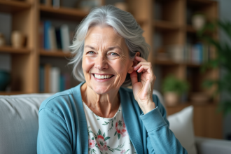 Femme senior souriante ajustant son appareil auditif à la maison