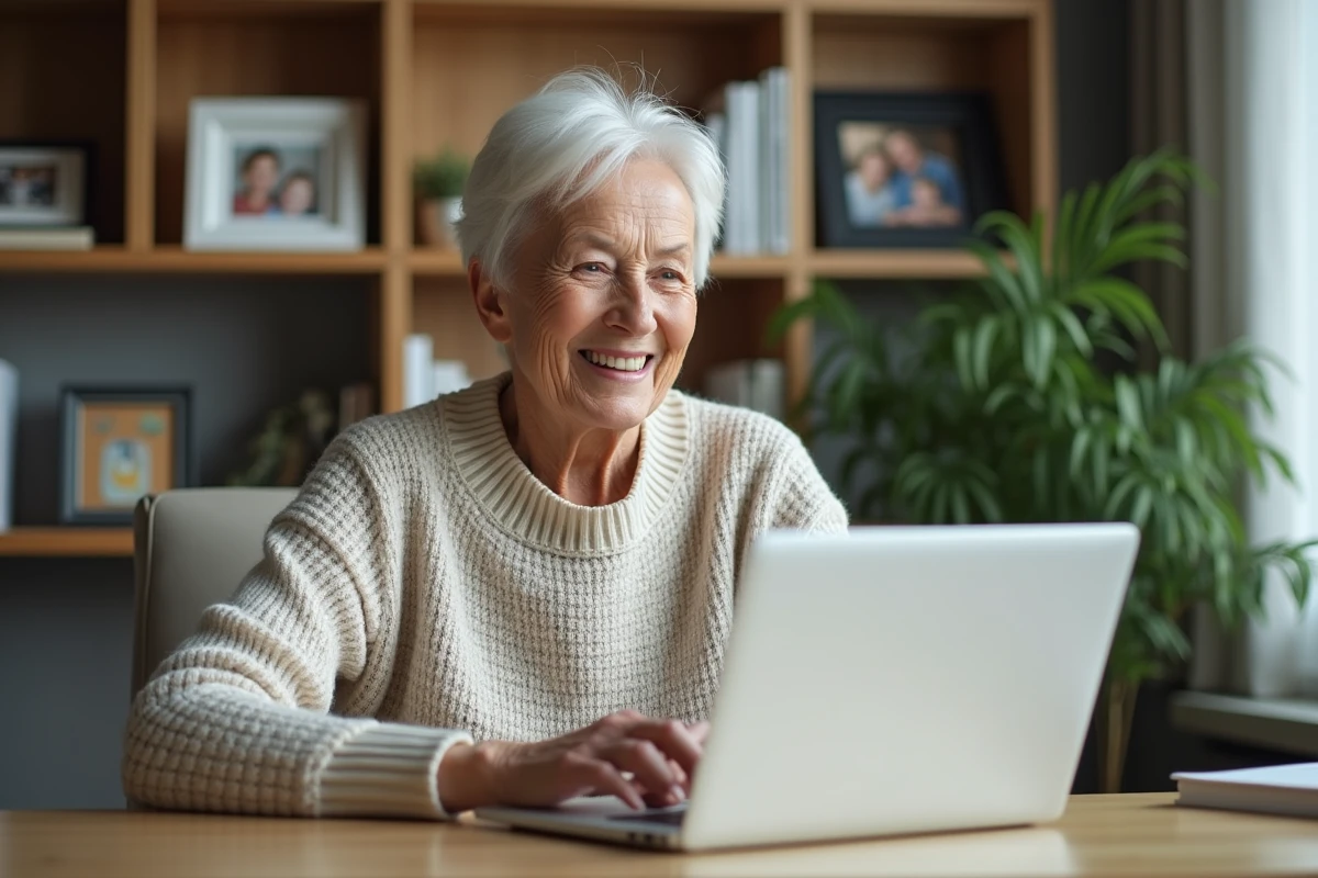 Femme senior souriante travaillant sur son ordinateur à domicile