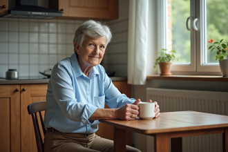 Femme âgée assise dans une cuisine chaleureuse