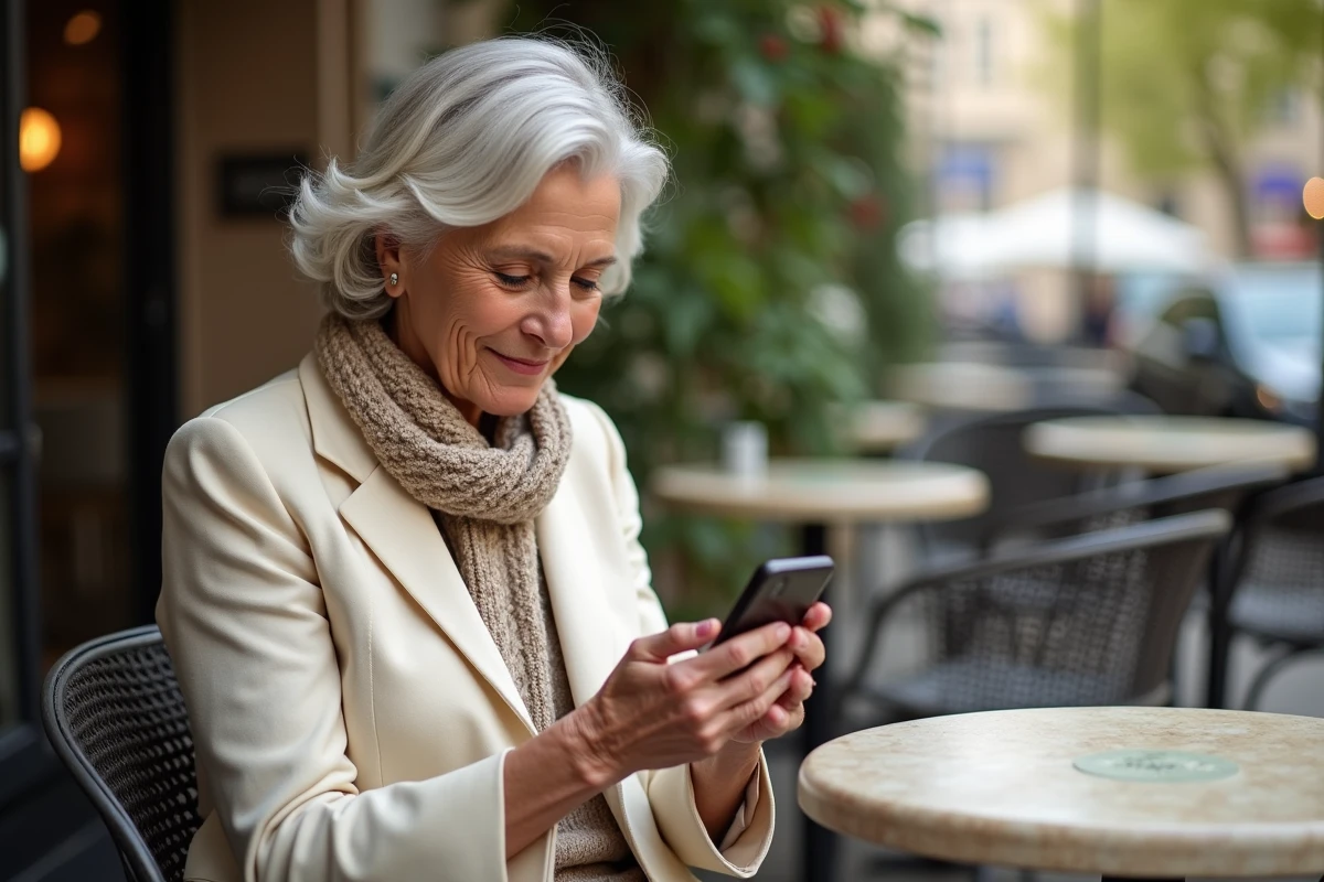 Femme senior détendue dans un café avec son smartphone en main