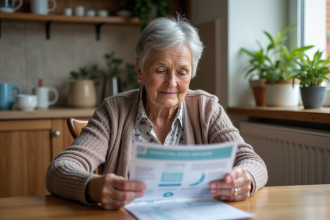 Femme âgée lisant un dépliant sur la protection incontinence