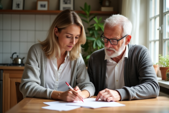Femme d'âge moyen lisant des papiers avec son père dans la cuisine