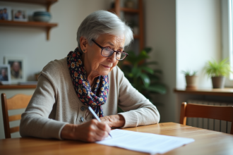 Femme senior remplissant des papiers dans son appartement