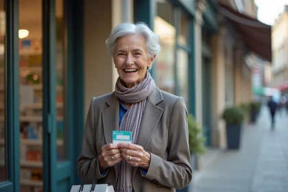 Femme senior souriante devant une pharmacie