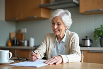 Femme senior souriante remplissant un questionnaire santé à la maison