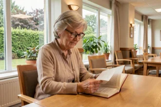 Femme senior lisant tranquillement dans le salon commun d'une résidence seniors Les Jardins d'Arcadie