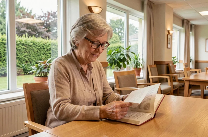 Femme senior lisant tranquillement dans le salon commun d'une résidence seniors Les Jardins d'Arcadie