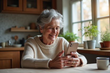 Femme senior souriante utilisant un smartphone dans la cuisine