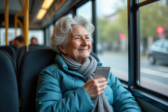 Femme âgée souriante dans le bus urbain en journée