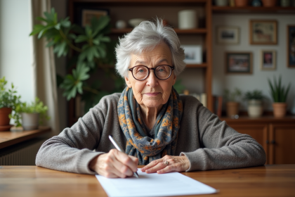 Femme âgée signant un document dans une cuisine chaleureuse