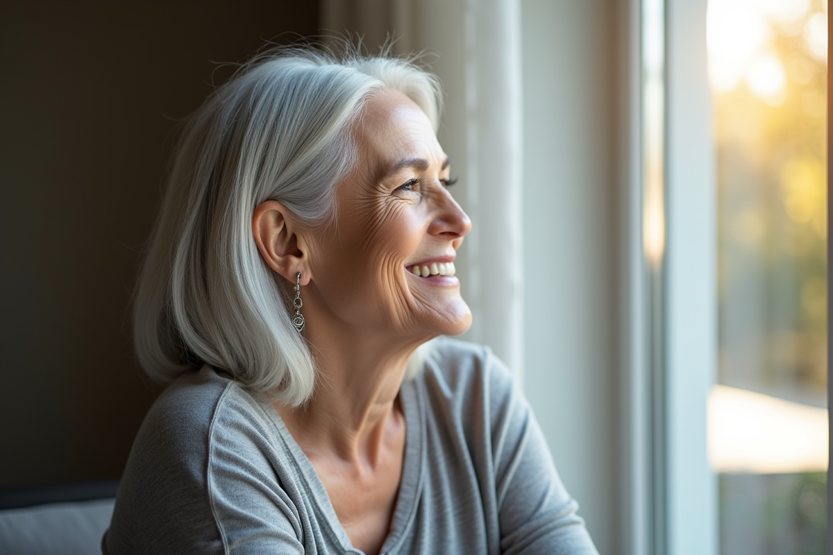 Femme élégante de 60 ans souriante près d'une fenêtre lumineuse