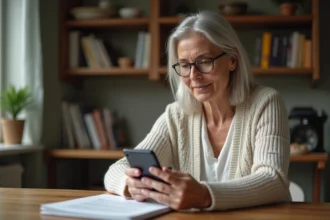 Femme d'âge moyen utilisant un smartphone dans une cuisine organisée