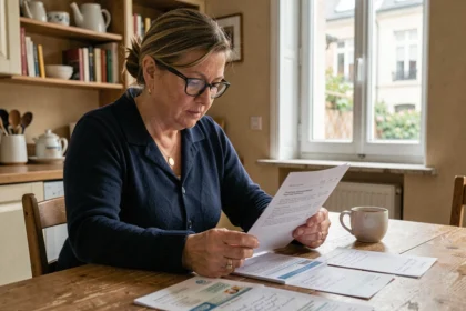 Femme âgée vérifiant ses relevés bancaires et son budget sous curatelle renforcée à domicile