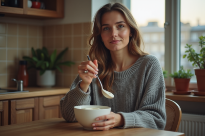 Femme dégustant un yogourt dans une cuisine chaleureuse