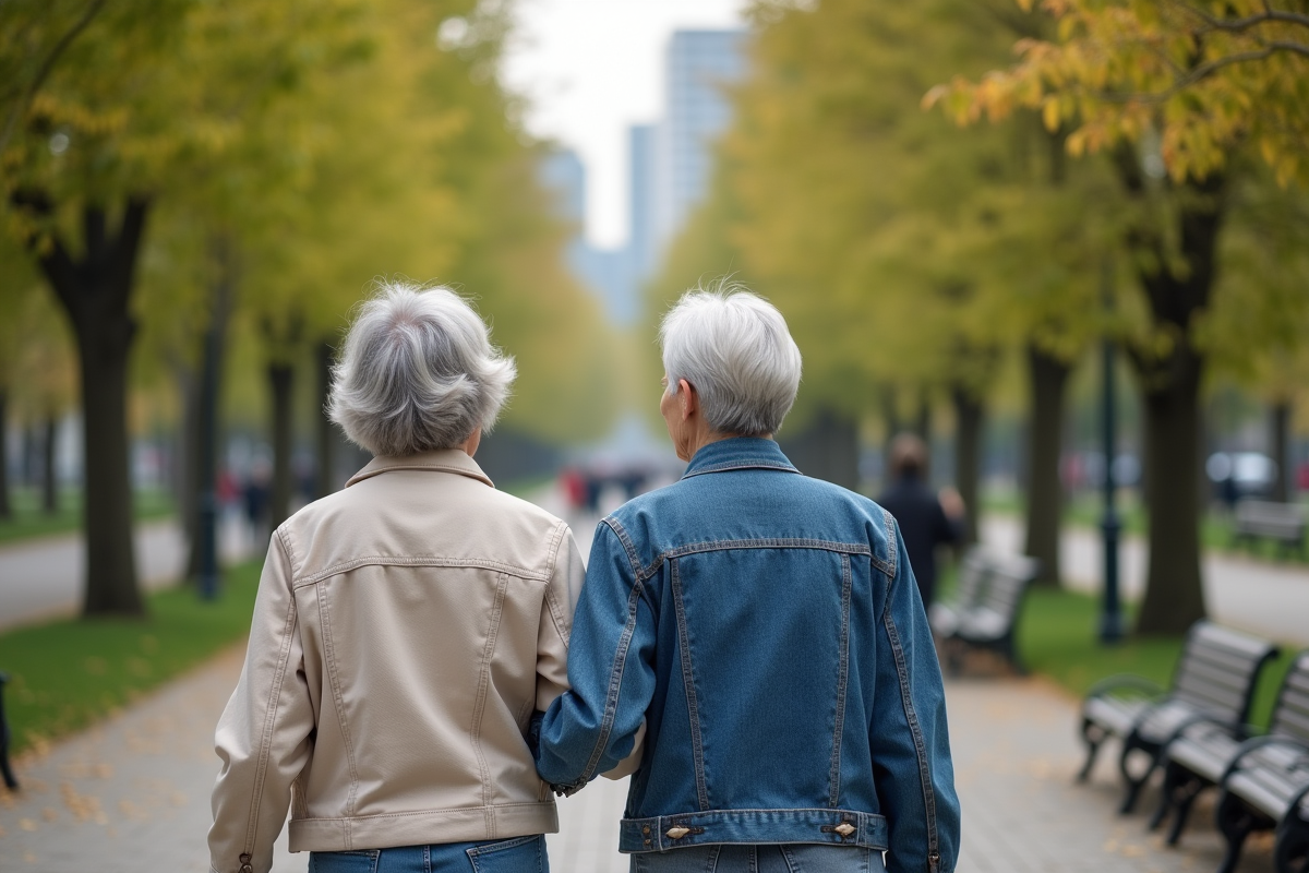 Deux femmes seniors marchant main dans la main dans un parc en automne